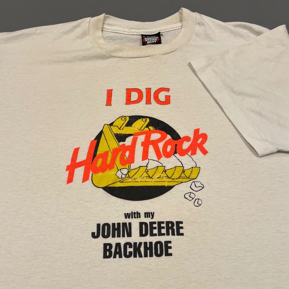 Vintage 90s John Deere I Dig Hard Rock Backhoe T-Shirt XL Screen Stars USA Made